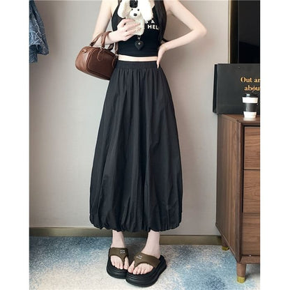 High Waist Plain Bubble Hem Midi A-Line Skirt
