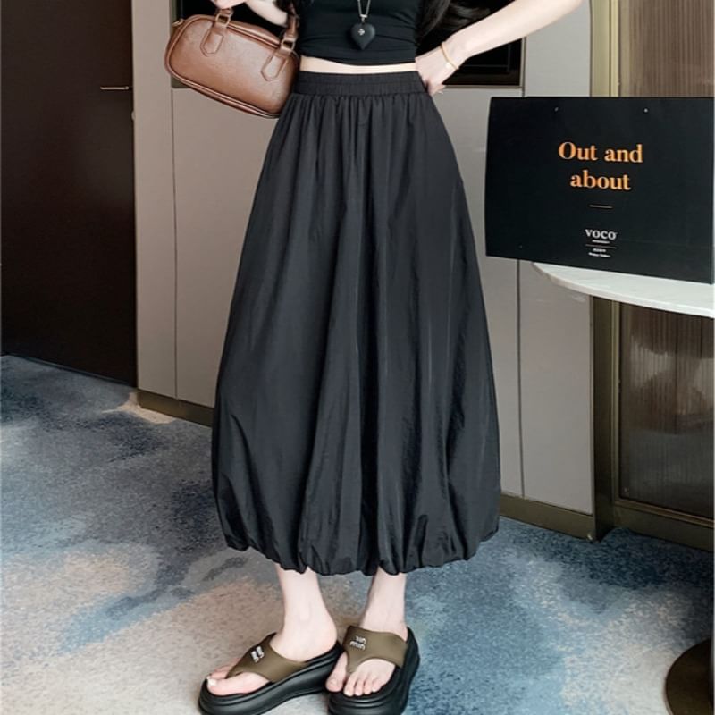High Waist Plain Bubble Hem Midi A-Line Skirt