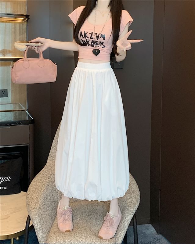 High Waist Plain Bubble Hem Midi A-Line Skirt