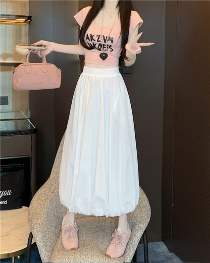 High Waist Plain Bubble Hem Midi A-Line Skirt