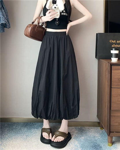 High Waist Plain Bubble Hem Midi A-Line Skirt