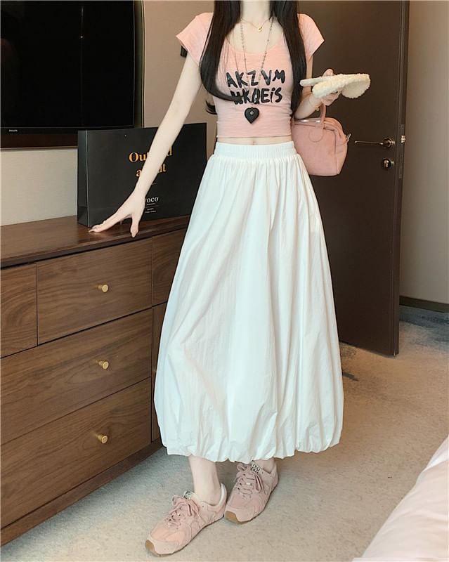 High Waist Plain Bubble Hem Midi A-Line Skirt