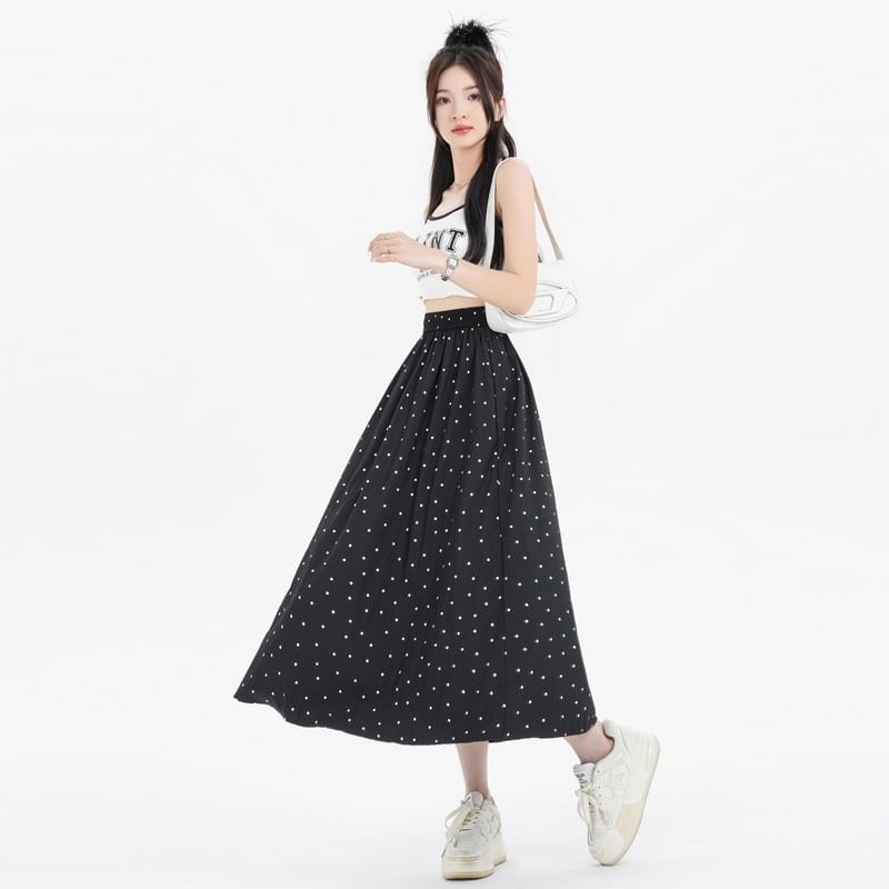 Elastic Waist Dotted Midi A-Line Skirt