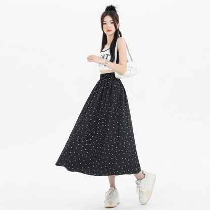 Elastic Waist Dotted Midi A-Line Skirt