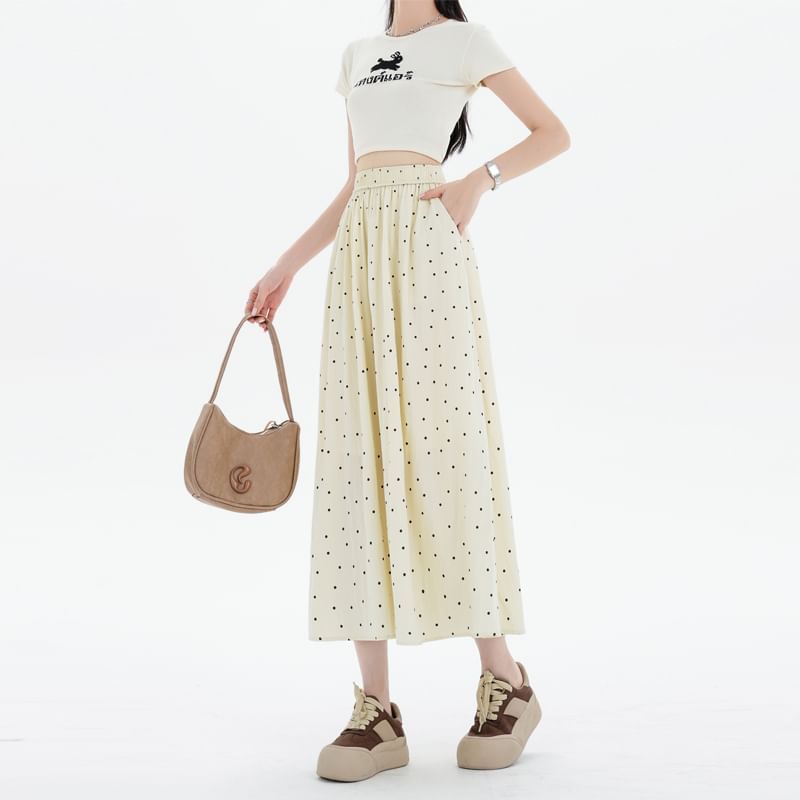 Elastic Waist Dotted Midi A-Line Skirt