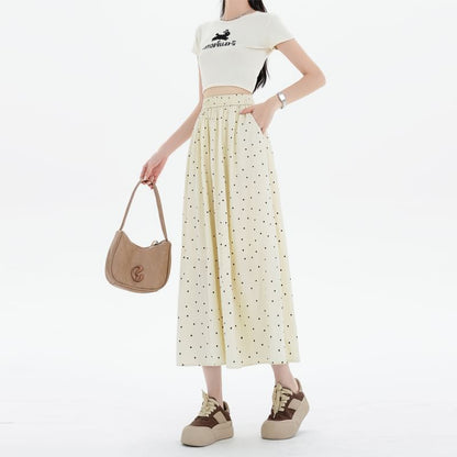Elastic Waist Dotted Midi A-Line Skirt