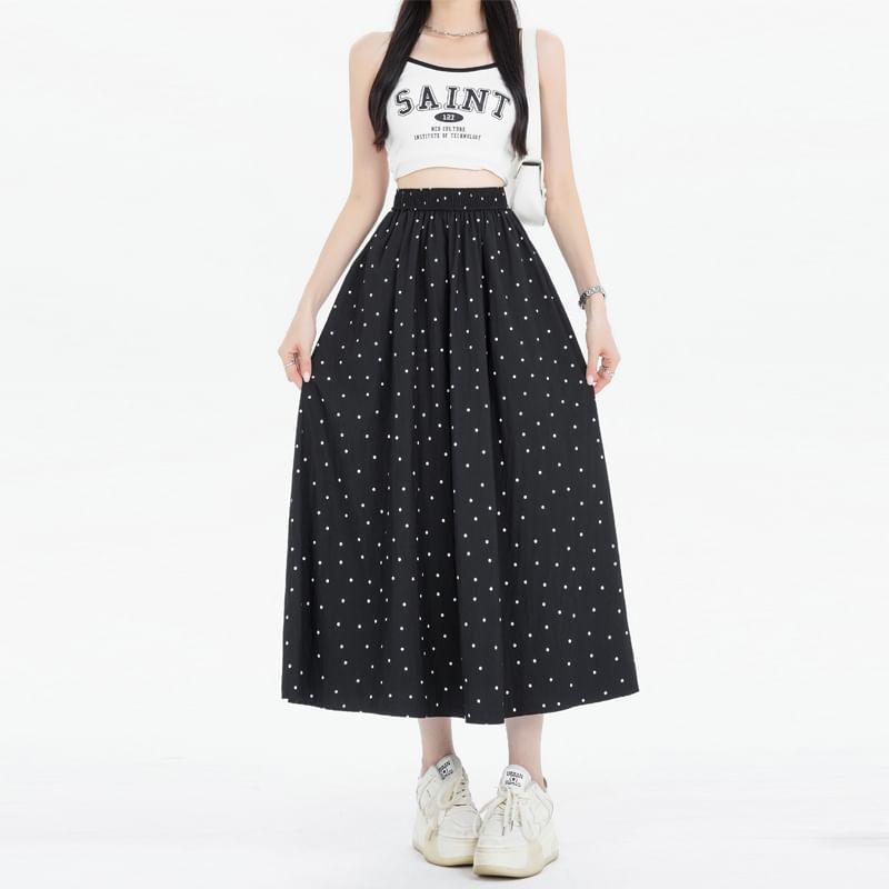 Elastic Waist Dotted Midi A-Line Skirt