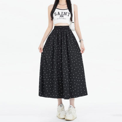 Elastic Waist Dotted Midi A-Line Skirt