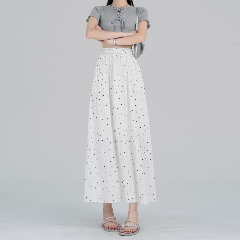 Elastic Waist Dotted Midi A-Line Skirt