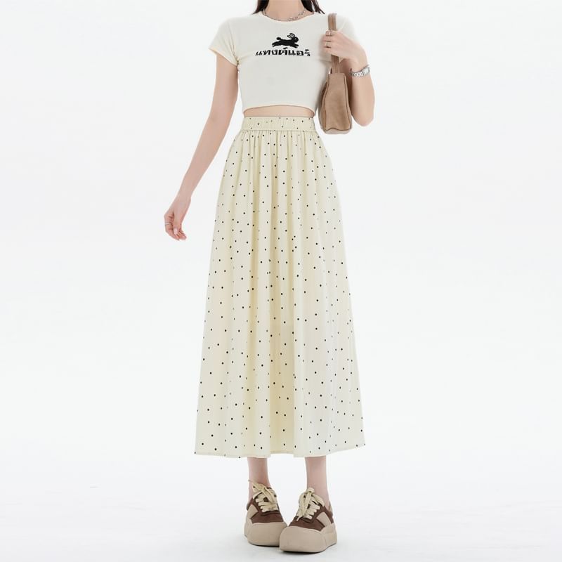 Elastic Waist Dotted Midi A-Line Skirt