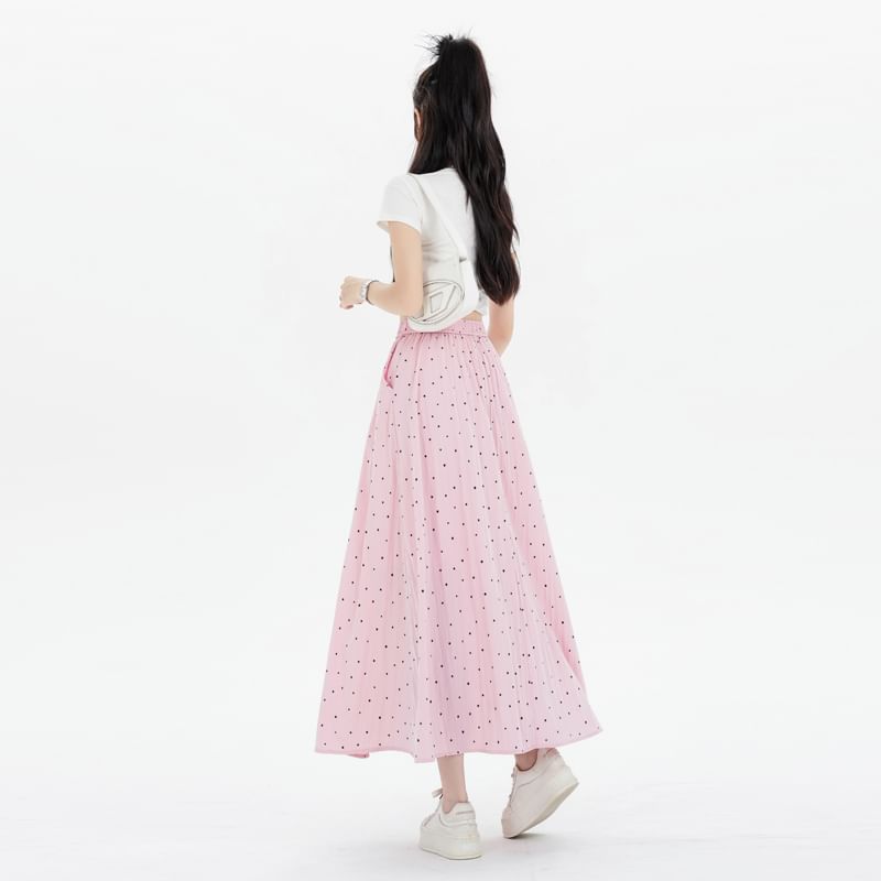 Elastic Waist Dotted Midi A-Line Skirt