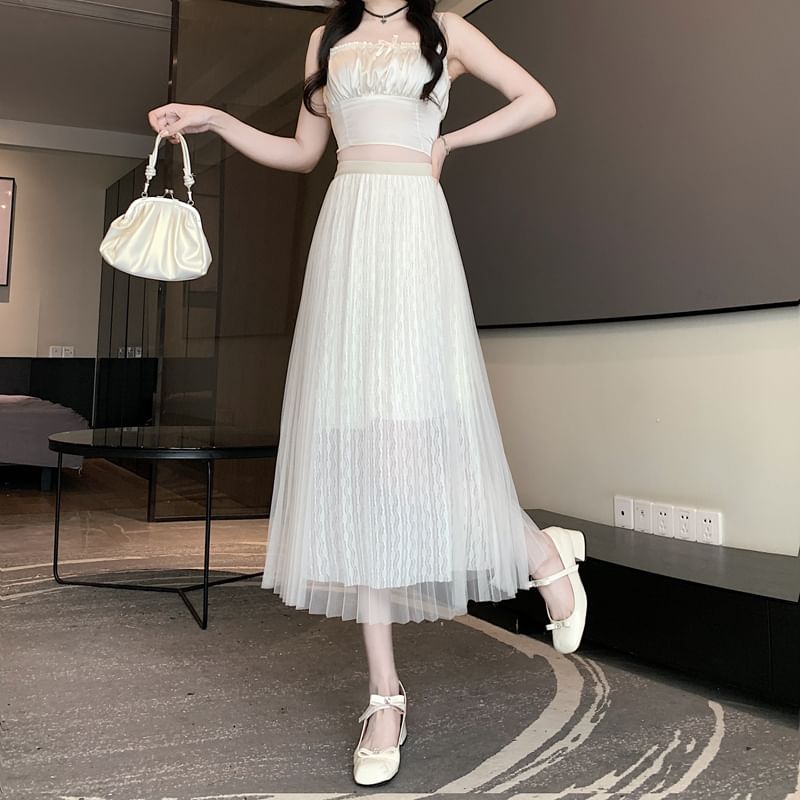 High Waist Plain Accordion Pleated Mesh Midi A-Line Skirt