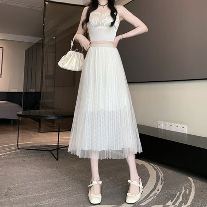 High Waist Plain Accordion Pleated Mesh Midi A-Line Skirt