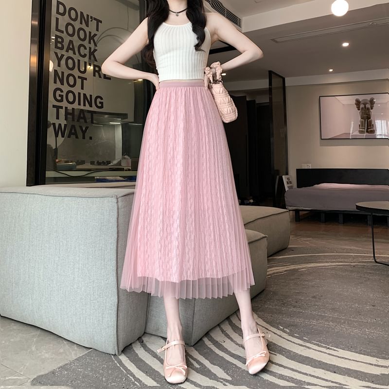 High Waist Plain Accordion Pleated Mesh Midi A-Line Skirt