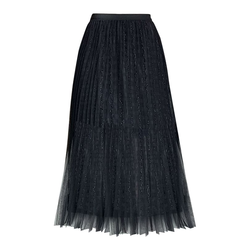 High Waist Plain Accordion Pleated Mesh Midi A-Line Skirt