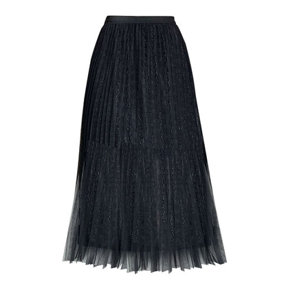 High Waist Plain Accordion Pleated Mesh Midi A-Line Skirt