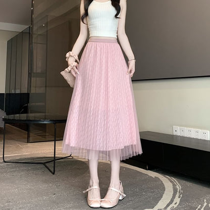 High Waist Plain Accordion Pleated Mesh Midi A-Line Skirt