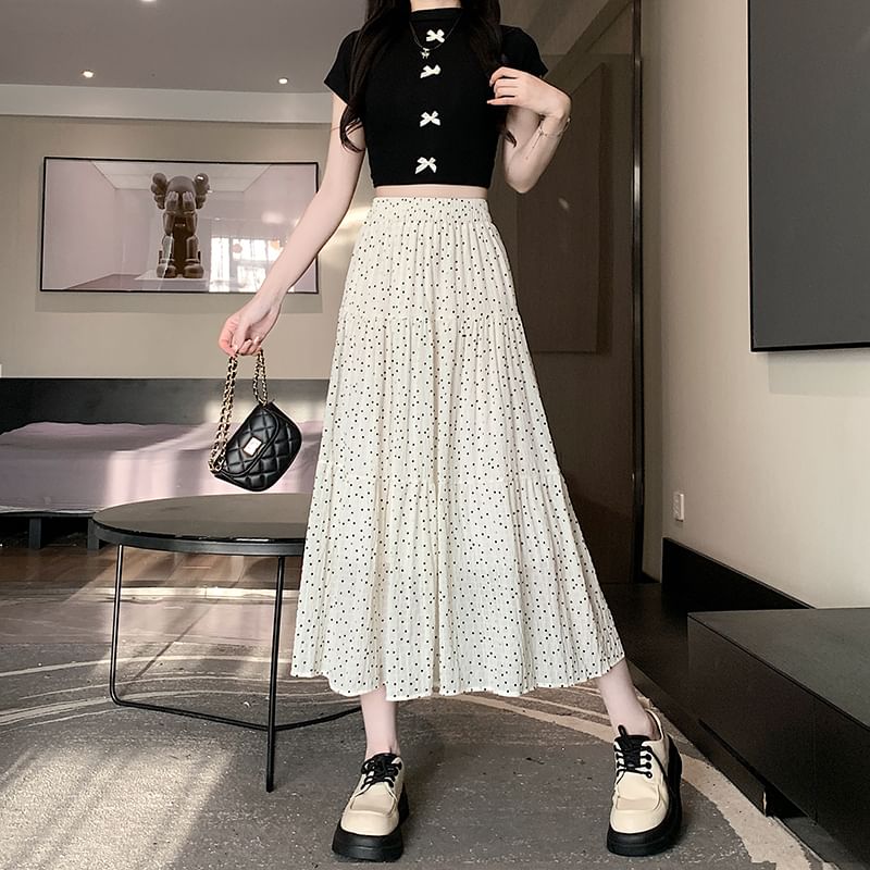 Elastic Waist Dotted Tiered Midi A-Line Skirt