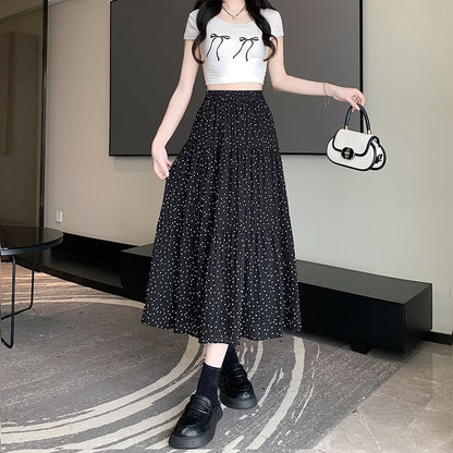 Elastic Waist Dotted Tiered Midi A-Line Skirt