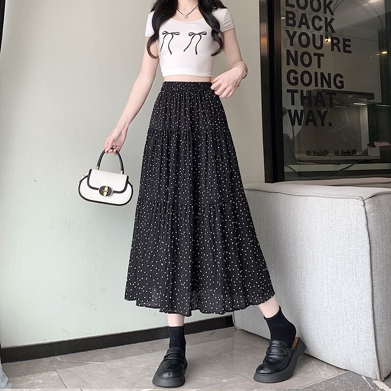 Elastic Waist Dotted Tiered Midi A-Line Skirt