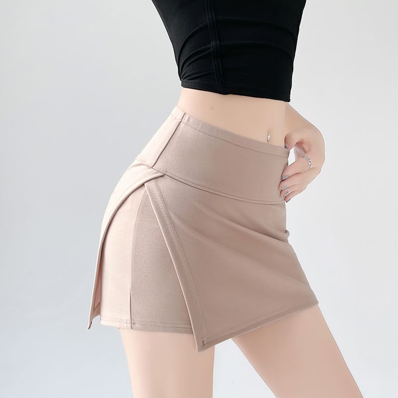 High Waist Plain Slit Skort