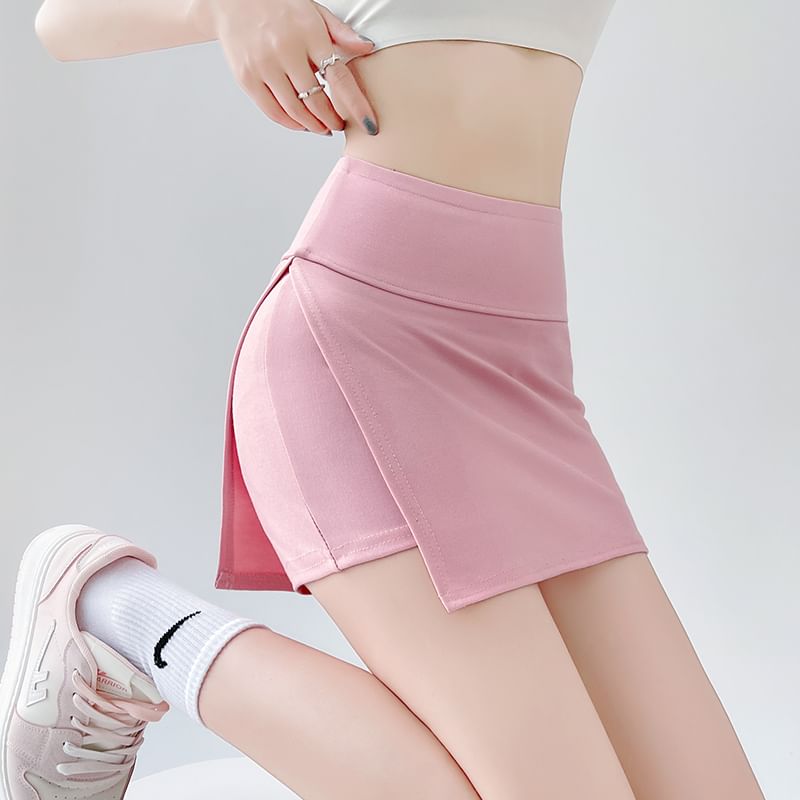 High Waist Plain Slit Skort