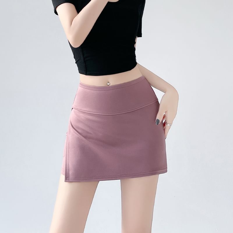 High Waist Plain Slit Skort