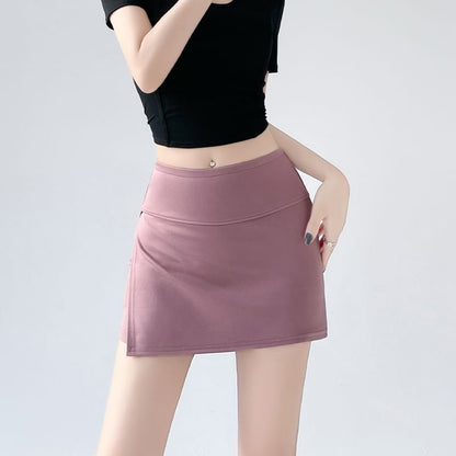 High Waist Plain Slit Skort
