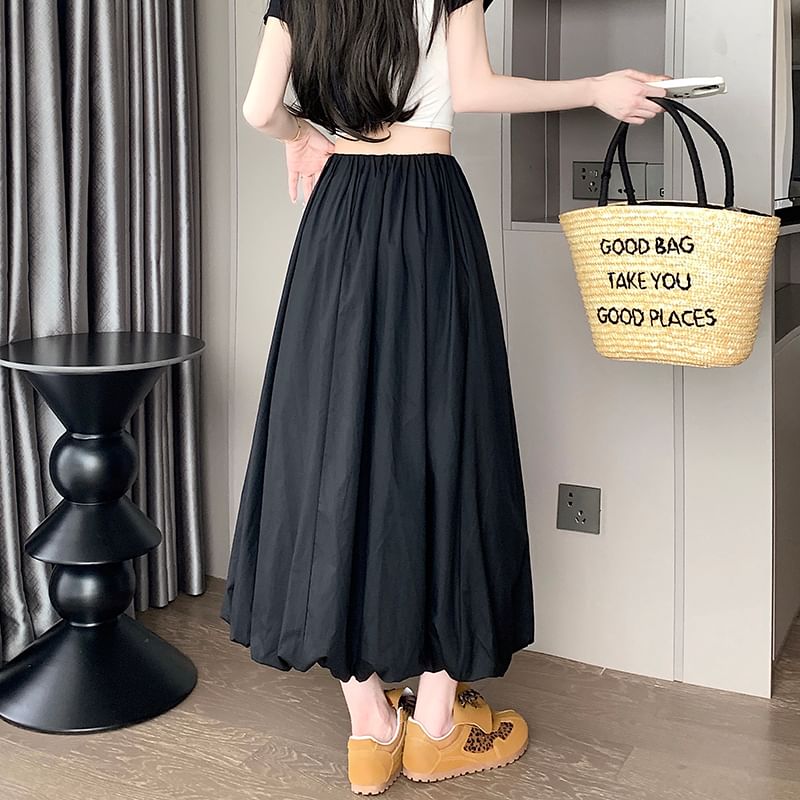Elastic Waist Plain Bubble Hem Midi A-Line Skirt