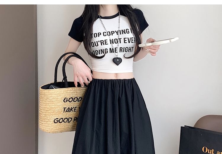 Elastic Waist Plain Bubble Hem Midi A-Line Skirt