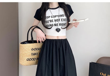 Elastic Waist Plain Bubble Hem Midi A-Line Skirt