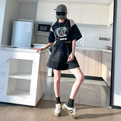 Elastic Waist Washed Denim Shorts