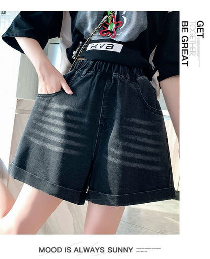 Elastic Waist Washed Denim Shorts