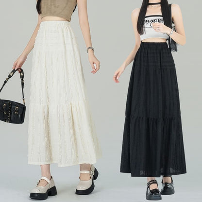 Elastic Waist Plain Tiered Midi A-Line Skirt