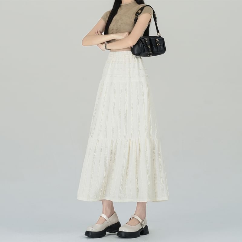 Elastic Waist Plain Tiered Midi A-Line Skirt