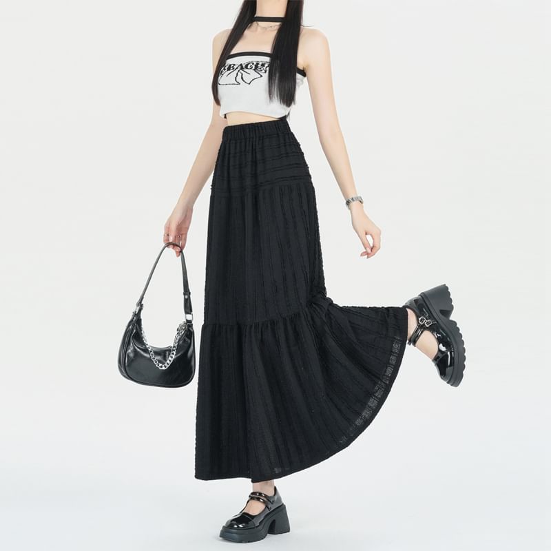 Elastic Waist Plain Tiered Midi A-Line Skirt