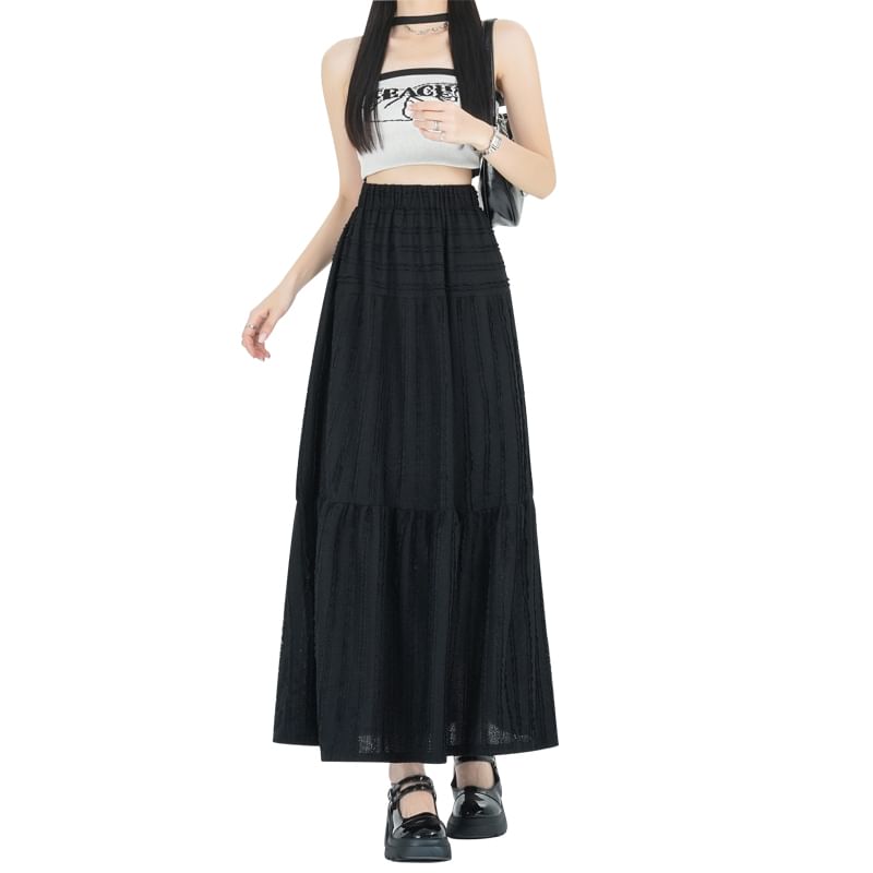 Elastic Waist Plain Tiered Midi A-Line Skirt