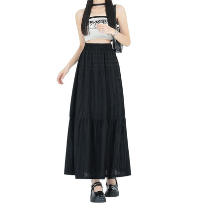 Elastic Waist Plain Tiered Midi A-Line Skirt