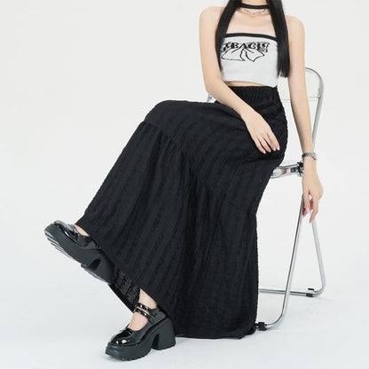 Elastic Waist Plain Tiered Midi A-Line Skirt