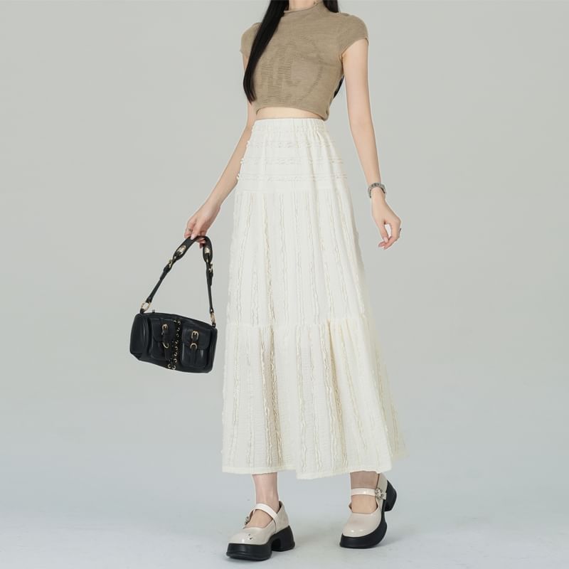 Elastic Waist Plain Tiered Midi A-Line Skirt