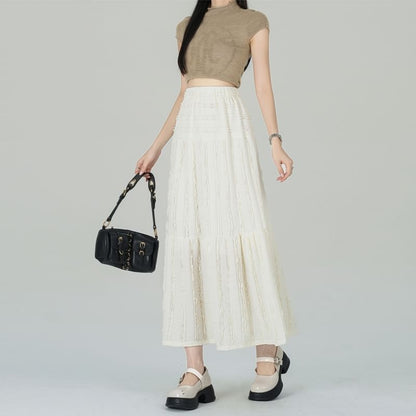 Elastic Waist Plain Tiered Midi A-Line Skirt