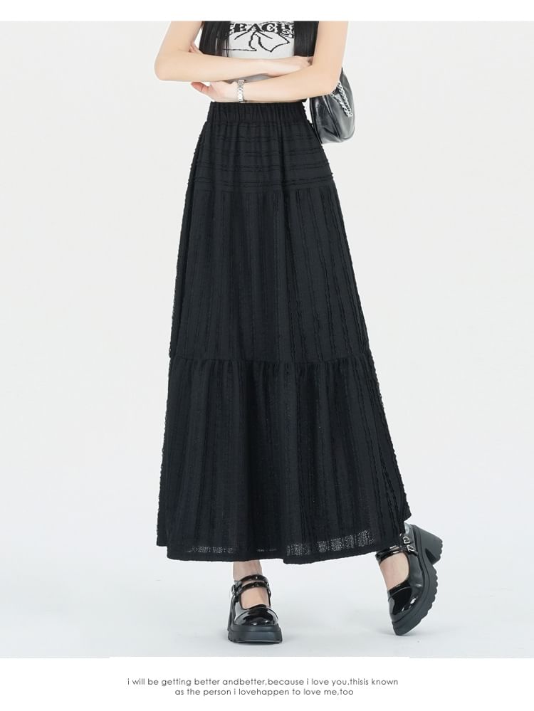 Elastic Waist Plain Tiered Midi A-Line Skirt