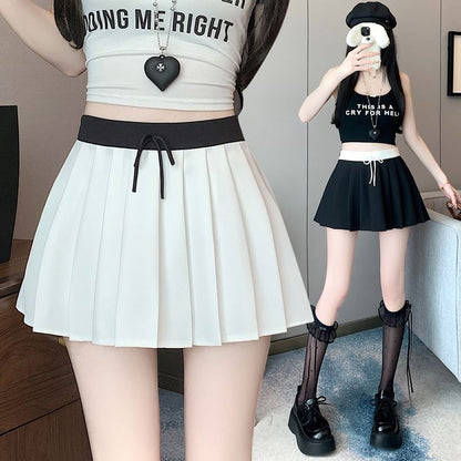 Drawstring Waist Contrast Trim Pleated Mini A-Line Skirt