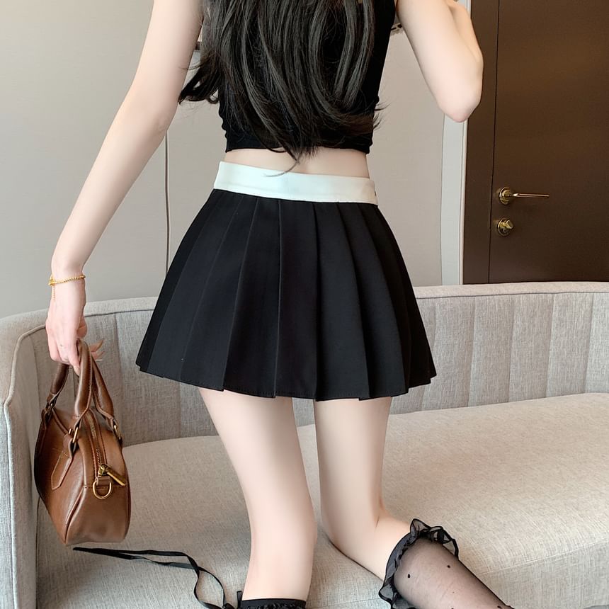 Drawstring Waist Contrast Trim Pleated Mini A-Line Skirt