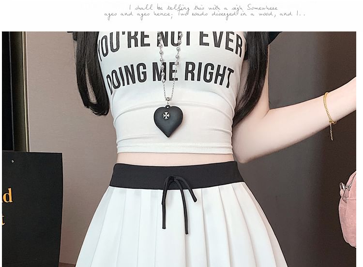 Drawstring Waist Contrast Trim Pleated Mini A-Line Skirt