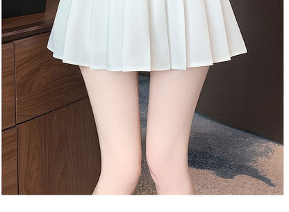 Drawstring Waist Contrast Trim Pleated Mini A-Line Skirt
