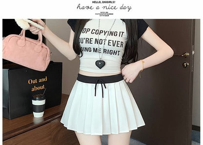 Drawstring Waist Contrast Trim Pleated Mini A-Line Skirt