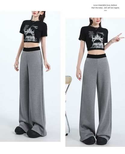 High Waist Contrast Trim Wide Leg Sweatpants (Various Designs)