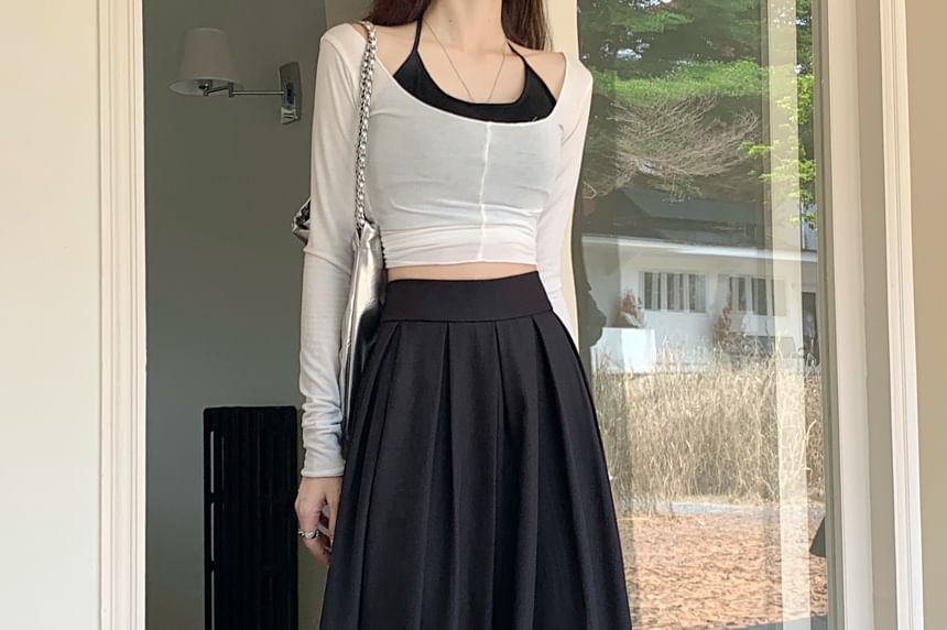 High Rise Plain Inverted Pleated Maxi A-Line Skirt