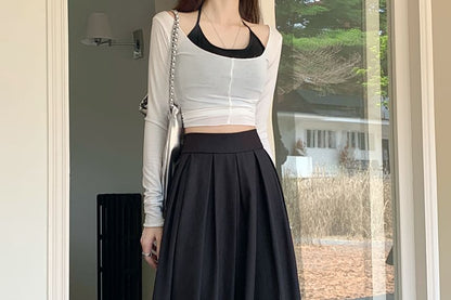 High Rise Plain Inverted Pleated Maxi A-Line Skirt